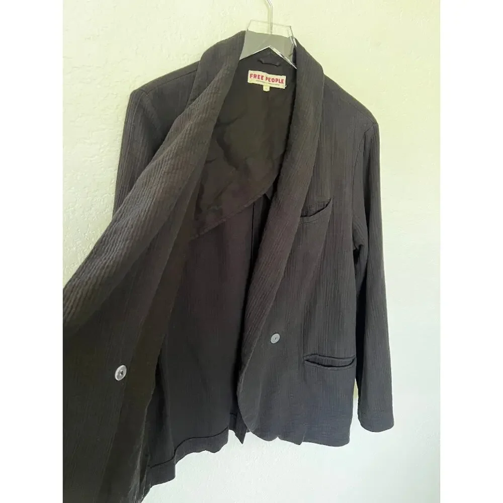 Free People Cotton Gauze Double Breasted Relaxed Blazer S Black Career Jacket